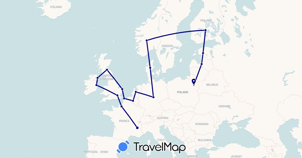 TravelMap itinerary: driving in Belgium, Germany, Denmark, Estonia, Finland, France, United Kingdom, Ireland, Latvia, Netherlands, Norway, Poland (Europe)
